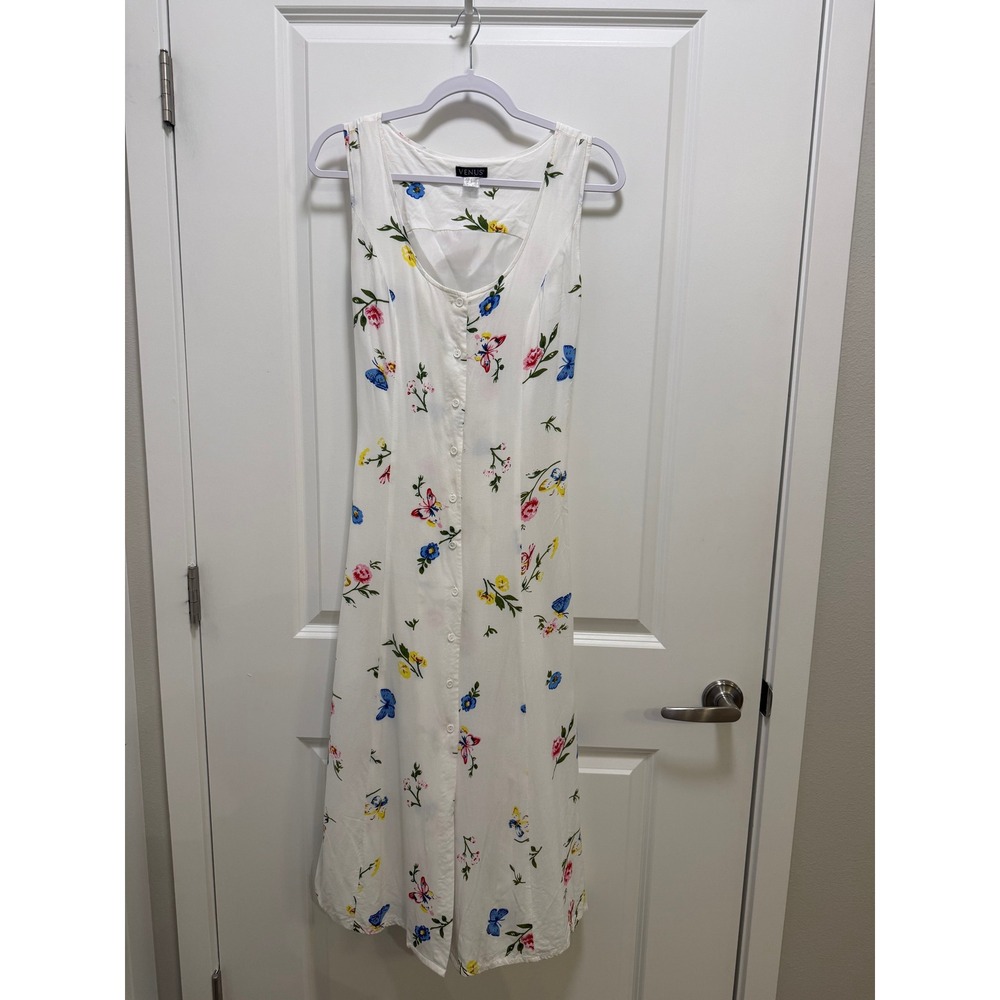 Venus White Floral Butterfly Button Front Midi Sun Dress Tie Back Sleeveless 4
